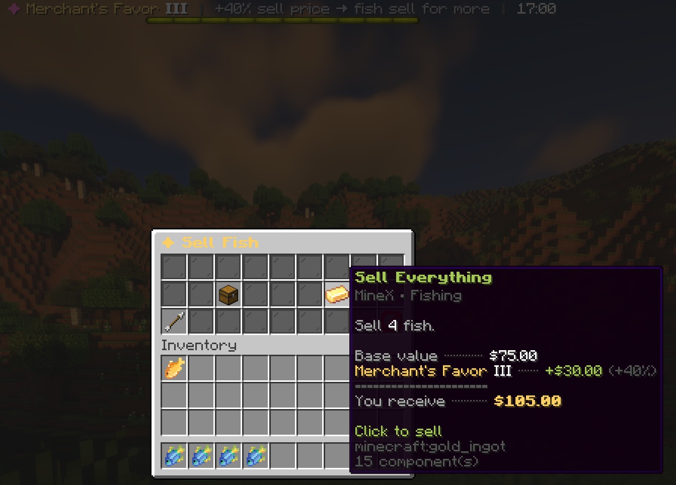 The Sell Fish menu showing base value, a Merchant's Favor bonus, and the final payout