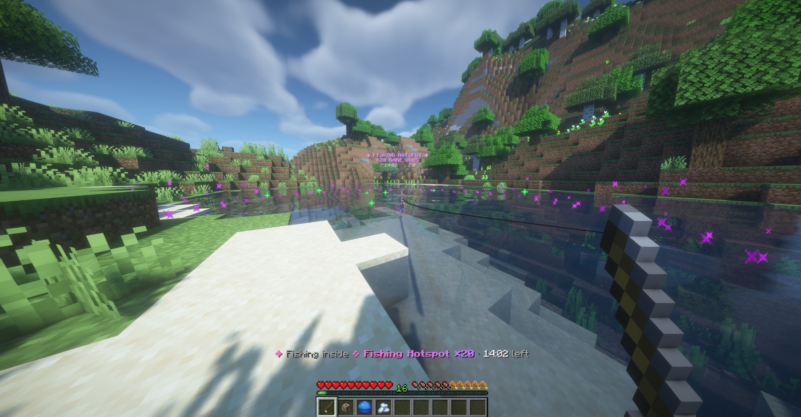 A ×20 Fishing Hotspot active on a river with particles and a countdown