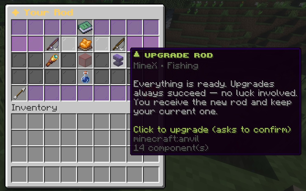The Rod submenu showing upgrade requirements and the anvil